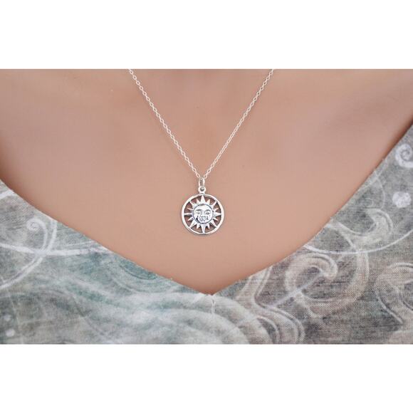 Sterling Silver Smiling Sun Charm Necklace, Silver Smiling Sun Charm Necklace - Picture 3 of 5